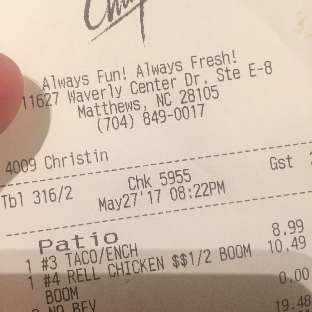 Chuy's - Our bill from the night. - Tex-Mex Near Me - Charlotte, North Carolina Chuy's - Our bill from the night. - Tex-Mex Near Me - Charlotte, North Carolina