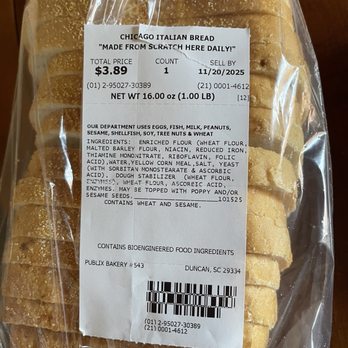 Publix - Duncan - I Italian bread with the Chicago bread sticker on it - Bakeries Near Me - Duncan, South Carolina