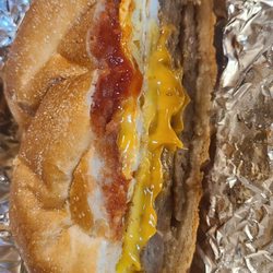 Sausage, egg, and cheese (SPK) on a Kiser roll. Very good.