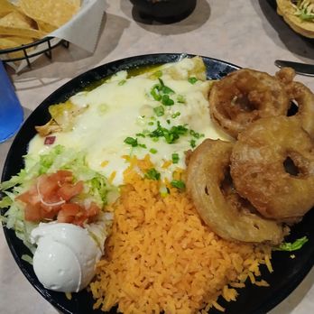 Señor Luna - Chicken enchiladas with onion rings (yes! That's a side option. Lol) onion rings weren't great- very soggy and oily. - Mexican Near Me - New Berlin, Wisconsin Señor Luna - Chicken enchiladas with onion rings (yes! That's a side option. Lol) onion rings weren't great- very soggy and oily. - Mexican Near Me - New Berlin, Wisconsin