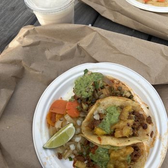 Carmelo's Tacos - Two Tacos Pastor, Taco Nopal, and a Horchata - Tacos Near Me - Seattle, Washington
