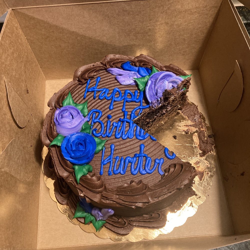 Chocolate cake with chocolate frosting, 8 inch round. Too tasty to get a before photo!
