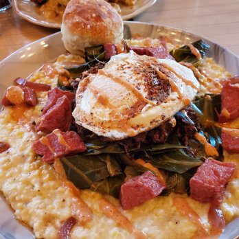 Seattle Biscuit Company - The E.N.D.: Grits, collard greens, fried bologna, over easy egg, and pulled pork - Food Trucks Near Me - Seattle, Washington