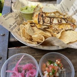 Chicken Quesadilla w Side Guacamole and two salsa from salsa bar
