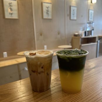 Malaya - (L) Caramel Banana Latte (R) Mango Lemonade Matcha both so good - Coffee & Tea Near Me - Los Angeles, California