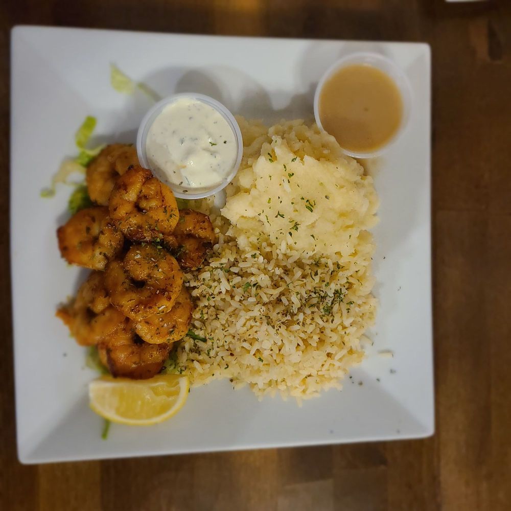 Sparta Taverna - Shrimp souvlaki platter with rice and mashed potatoes - Greek Near Me - Ridgefield Park, New Jersey