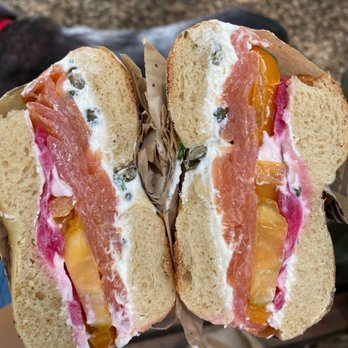 Boichik Bagels - Bagel with lox pickled onion tomato cream cheese capers - Bagels Near Me - Berkeley, California Boichik Bagels - Bagel with lox pickled onion tomato cream cheese capers - Bagels Near Me - Berkeley, California
