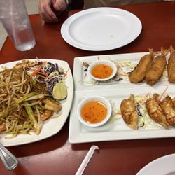 Ocha Thai Restaurant - Shrimp Pad Thai, Tempura Shrimp and Fried Pot Stickers.