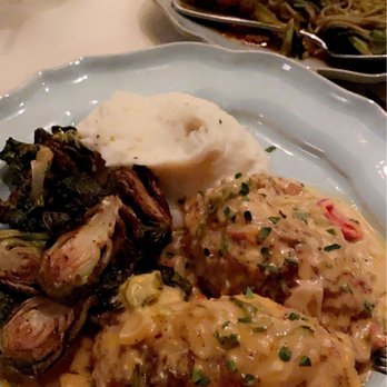 Grace's - Cajun stuffed chicken with Brussels Sprouts and mashed potatoes - American Near Me - Houston, Texas Grace's - Cajun stuffed chicken with Brussels Sprouts and mashed potatoes - American Near Me - Houston, Texas