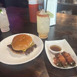 Cheeseburger, jalapeño popper, house margarita Cheeseburger, jalapeño popper, house margarita