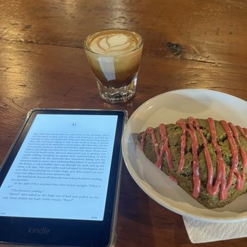 Southdown Coffee - Glen Cove - Cortado, Matcha Scone w Raspberry Glaze - Coffee Roasteries Near Me - Glen Cove, New York