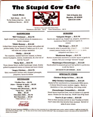 Menu photo 1 The Stupid Cow Cafe Hayden, ID Menu photo 1 The Stupid Cow Cafe Hayden, ID