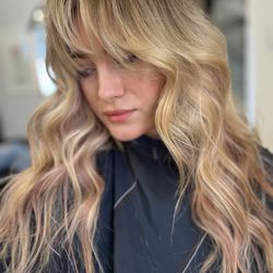Karu Salon - Fringe + long layers + lived in blonde
