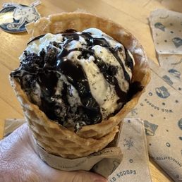 White Raven with hot fudge in a waffle cone! White Raven with hot fudge in a waffle cone!