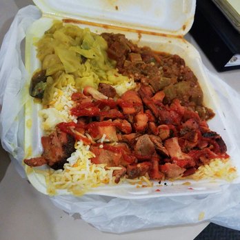 Nanee's Kitchen - BBQ chicken over rice with cabbage and orkas - Indian Near Me - Philadelphia, Pennsylvania