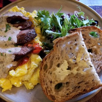 Alchemy Coffee - Steak and Eggs (flat iron steak with sauteed peppers, mushroom cream sauce and scrambled eggs) with a side of dressed salad - $18 - Coffee & Tea Near Me - Markham, Ontario