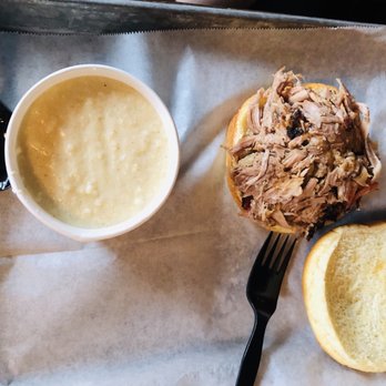 Pork Barrel BBQ - Pulled Pork Sandwich with grits - Barbeque Near Me - Alexandria, Virginia Pork Barrel BBQ - Pulled Pork Sandwich with grits - Barbeque Near Me - Alexandria, Virginia