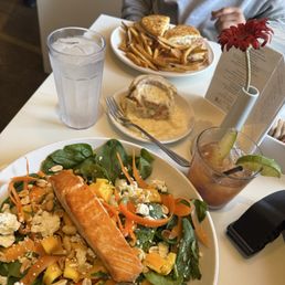 Salmon salad, Bloody Mary, cinnamon roll, Cuban sandwich
