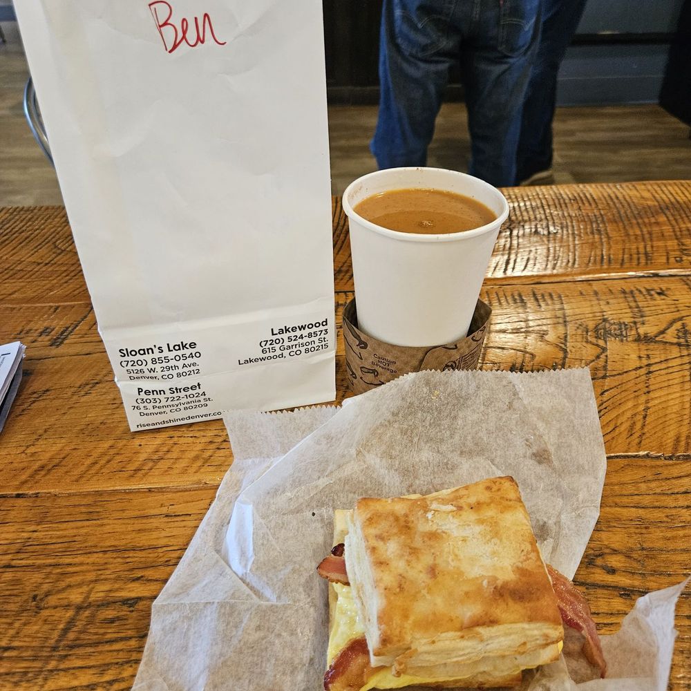 Rise & Shine - Breakfast biscuit with bacon, egg & cheese on Pepperjack biscuit of the Day + Pablo's drip coffee - Breakfast & Brunch Near Me - Denver, Colorado Rise & Shine - Breakfast biscuit with bacon, egg & cheese on Pepperjack biscuit of the Day + Pablo's drip coffee - Breakfast & Brunch Near Me - Denver, Colorado