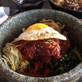 Burning Rice - Hotstone Spicy pork bibimbap - with spinach, beansprout, spicy kimchi rice, fish cake and kimchi. So good! - Korean Near Me - Frisco, Texas Burning Rice - Hotstone Spicy pork bibimbap - with spinach, beansprout, spicy kimchi rice, fish cake and kimchi. So good! - Korean Near Me - Frisco, Texas