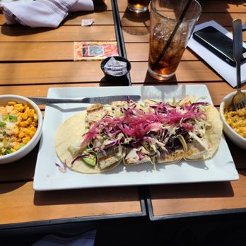 Crave Kitchen & Bar - Grilled Mahi Tacos w/ borunda corn cup and green Chile Mac n Cheese - Cafes Near Me - El Paso, Texas