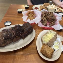 Baylee Jo's Bbq - Full rack of ribs, baked potato (I asked for no sour cream), fried corn on the cob Fried fish, coleslaw, fried okra
