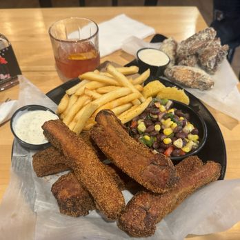Nickel's Pit BBQ - Corning - Dry, seasoned ribs, garlic, Parm, chicken, french fries, bean salad, & hibiscus drink - Barbeque Near Me - Corning, New York