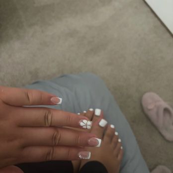 Wonder Nails - full set acrylic (french tip + design) and all white pedi - Nail Salons Near Me - Los Angeles, California Wonder Nails - full set acrylic (french tip + design) and all white pedi - Nail Salons Near Me - Los Angeles, California