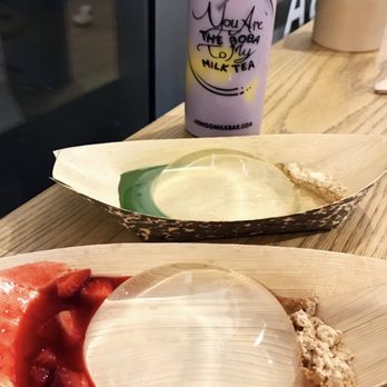 The Moo Bar - Raindrop cakes and ube milk tea.. with two eyed pot in the background :D - Desserts Near Me - Seattle, Washington