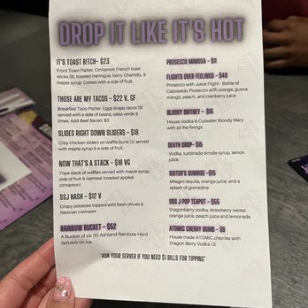 Mic Drop Comedy - Drop it like it's hot drag brunch menu - Comedy Clubs Near Me - San Diego, California