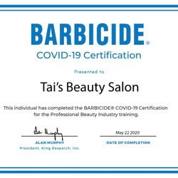 Tai Beauty Salon - We are Certified by BARBICIDE to provide cleanliness and safety to our clients during the COVID-19 Pandemic.