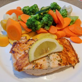 Chrysanthi's Restaurant - Grilled salmon with a double side of fresh veggies, all cooked just right. - Greek Near Me - Brookline, New Hampshire