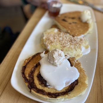 Urban Egg - Belleview - 7.9.22 pancake flight - cinnamon roll, Hawaiian, and choco chip - Breakfast & Brunch Near Me - Denver, Colorado Urban Egg - Belleview - 7.9.22 pancake flight - cinnamon roll, Hawaiian, and choco chip - Breakfast & Brunch Near Me - Denver, Colorado