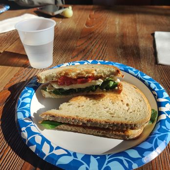 Cold Spring Hotel & Cafe - Veggie monster - A sandwich with visible vegetables, cheese, and bread is placed on a blue and white patterned paper plate on a wooden table. A clear plastic cup filled with water is positioned behind the plate. The setting appears to be a casual dining area, with a person partially visible in the background, along with a smartphone and a napkin on the table. - Hotels Near Me - Cold Spring, New York