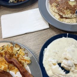 (4) Bacon and eggs plate with biscuits and gravy Banana pancakes