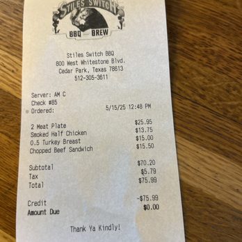 Stiles Switch BBQ & Brew - Bill for 2-3 - Barbeque Near Me - Cedar Park, Texas