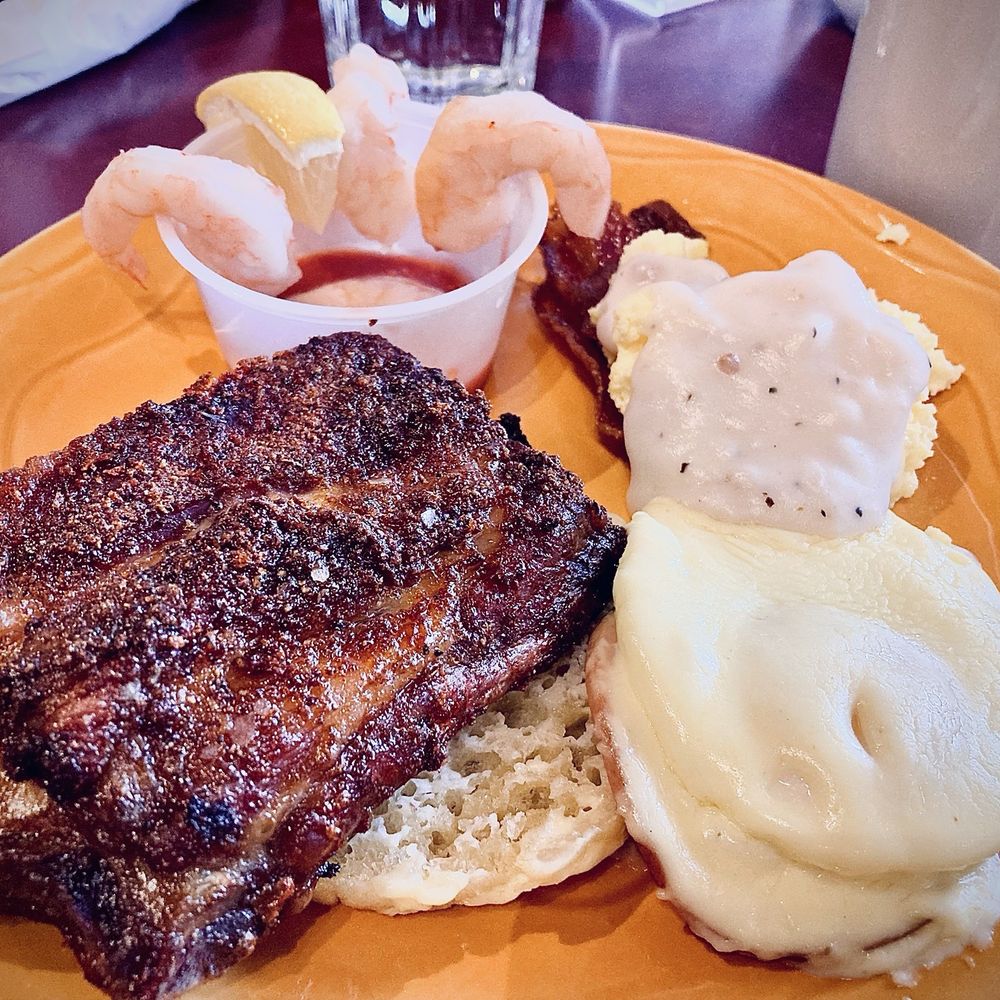 Branding Iron Cafe - Ribs, eggs Benedict, scrambled eggs w/ sausage gravy with a slice of bacon, and shrimp cocktail - Mexican Near Me - Reno, Nevada