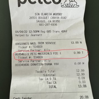 Petco - Itemized sales receipt showing the added Petco materials fee of $.99. - Pet Stores Near Me - Saugus, California