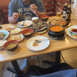Haemul Pajeon, fried rice, LA Galbi, squid dish I forgot what it's called, and we can't leave out Soondubu.