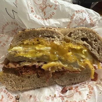 Bethesda Bagels - Wheat "everything bagel with sausage bacon cheese - Bagels Near Me - Rockville, Maryland Bethesda Bagels - Wheat "everything bagel with sausage bacon cheese - Bagels Near Me - Rockville, Maryland