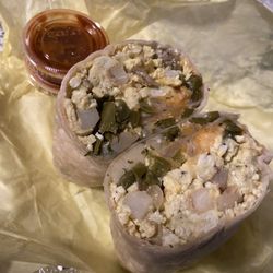 La Campana Taqueria - Breakfast burrito with nopales. Medium salsa inside. Hot salsa on the side.
