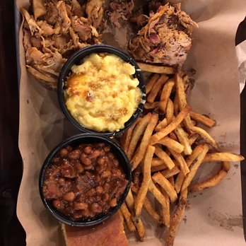 Mission BBQ - Two meat platter with baked beans, frys, and Mac and cheese. - Southern Near Me - Charlottesville, Virginia Mission BBQ - Two meat platter with baked beans, frys, and Mac and cheese. - Southern Near Me - Charlottesville, Virginia