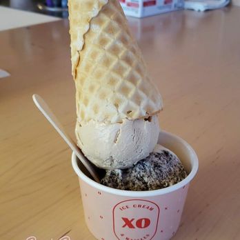XO Ice Cream and Waffles - Earl grey and cookies and creme. The cone is upside down part of their social distancing measures - Ice Cream & Frozen Yogurt Near Me - Calgary, Alberta XO Ice Cream and Waffles - Earl grey and cookies and creme. The cone is upside down part of their social distancing measures - Ice Cream & Frozen Yogurt Near Me - Calgary, Alberta
