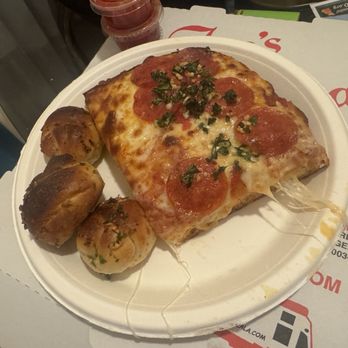 Joe's Pizza - Knots and Sicilian pepperoni slice that we heated up at home - Pizza Near Me - Los Angeles, California Joe's Pizza - Knots and Sicilian pepperoni slice that we heated up at home - Pizza Near Me - Los Angeles, California