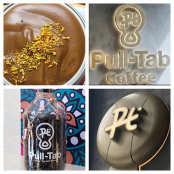 Pull Tab Coffee - Bird's Eye View of Osmanthus Aerofoam Drink + Logo of Pull Tab + Repurposed Guava Juice Bottle + Pull Tab - Coffee & Tea Near Me - New York, New York