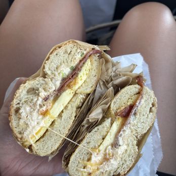 Hidden Bagel - Breakfast bagel with bacon and spicy scallion - Bagels Near Me - Spokane, Washington Hidden Bagel - Breakfast bagel with bacon and spicy scallion - Bagels Near Me - Spokane, Washington