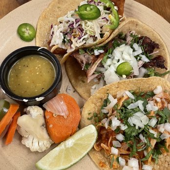 Flores Corte Madera - TACOS with escabeche & salsa , CARNITAS Slow-roasted pork, CHICKEN TINGA Braised, shredded chicken, PESCADO Fried cod, aioli, cole slaw - Mexican Near Me - Corte Madera, California