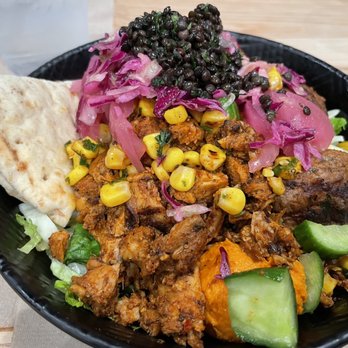 CAVA - Harissa Chicken salad bowl with Added Lamb meatballs. You get 2 meatballs. - Mediterranean Near Me - Tulsa, Oklahoma