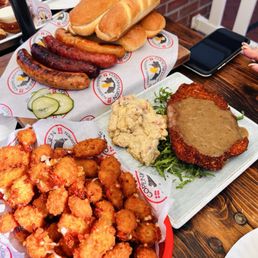 Sausage Platter, Schnitzel, Potato Salad and Cheese Curds Sausage Platter, Schnitzel, Potato Salad and Cheese Curds