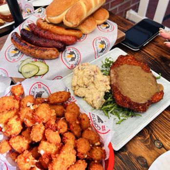 Copenhagen Sausage Garden - Sausage Platter, Schnitzel, Potato Salad and Cheese Curds - Hot Dogs Near Me - Solvang, California Copenhagen Sausage Garden - Sausage Platter, Schnitzel, Potato Salad and Cheese Curds - Hot Dogs Near Me - Solvang, California